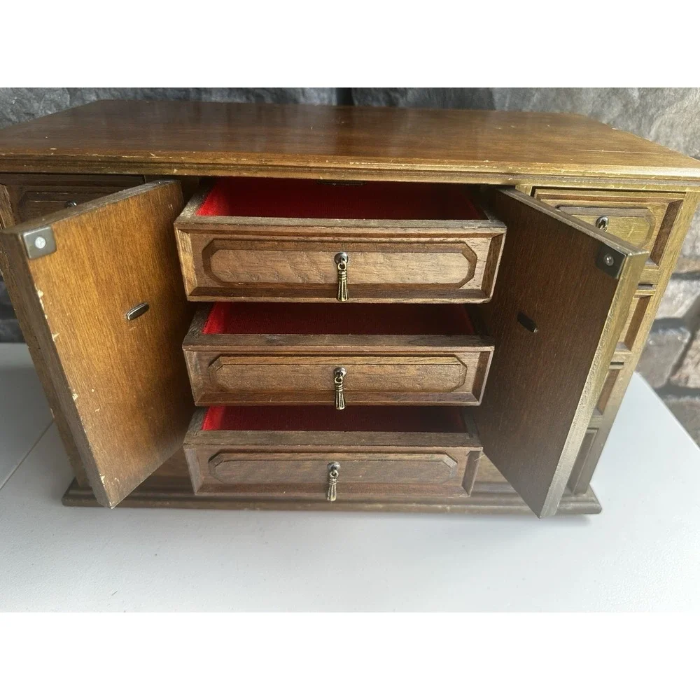 Vintage MCM Kellerman Wooden Jewelry Keepsake Box Case Chest 11 Drawers Cottage
